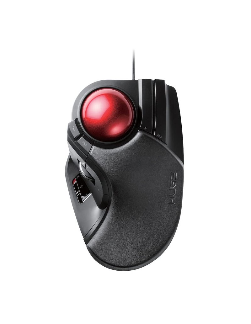ELECOM HUGE Trackball Mouse, Wired, Finger-Operated, 8-Button Function, Palm Rest Attached, 52mm Smooth Red Ball Windows11, macOS (M-HT1URBK) - Image 1